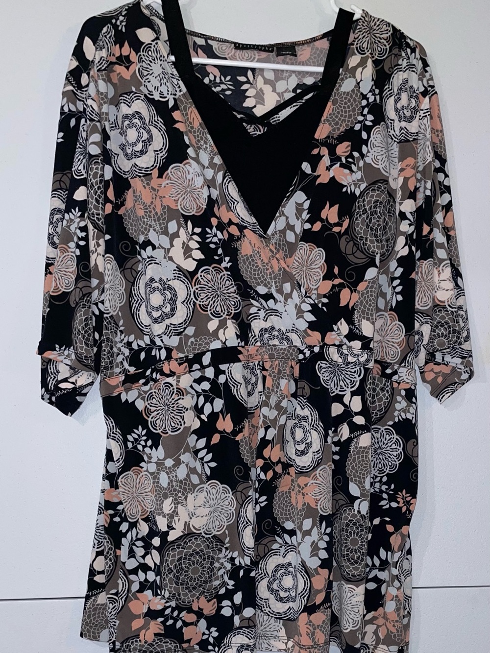Apostrophe Black Floral Surplice Tunic with Blush and Cream Accents